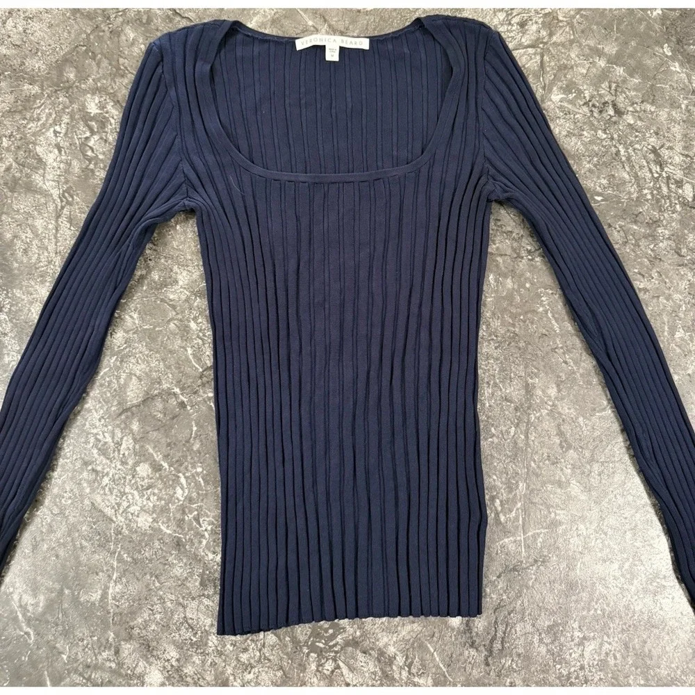 Veronica Beard Womens Clara Scoop Square Neck Wide Rib Stretch Sweater Navy Sz M - Picture 3 of 10